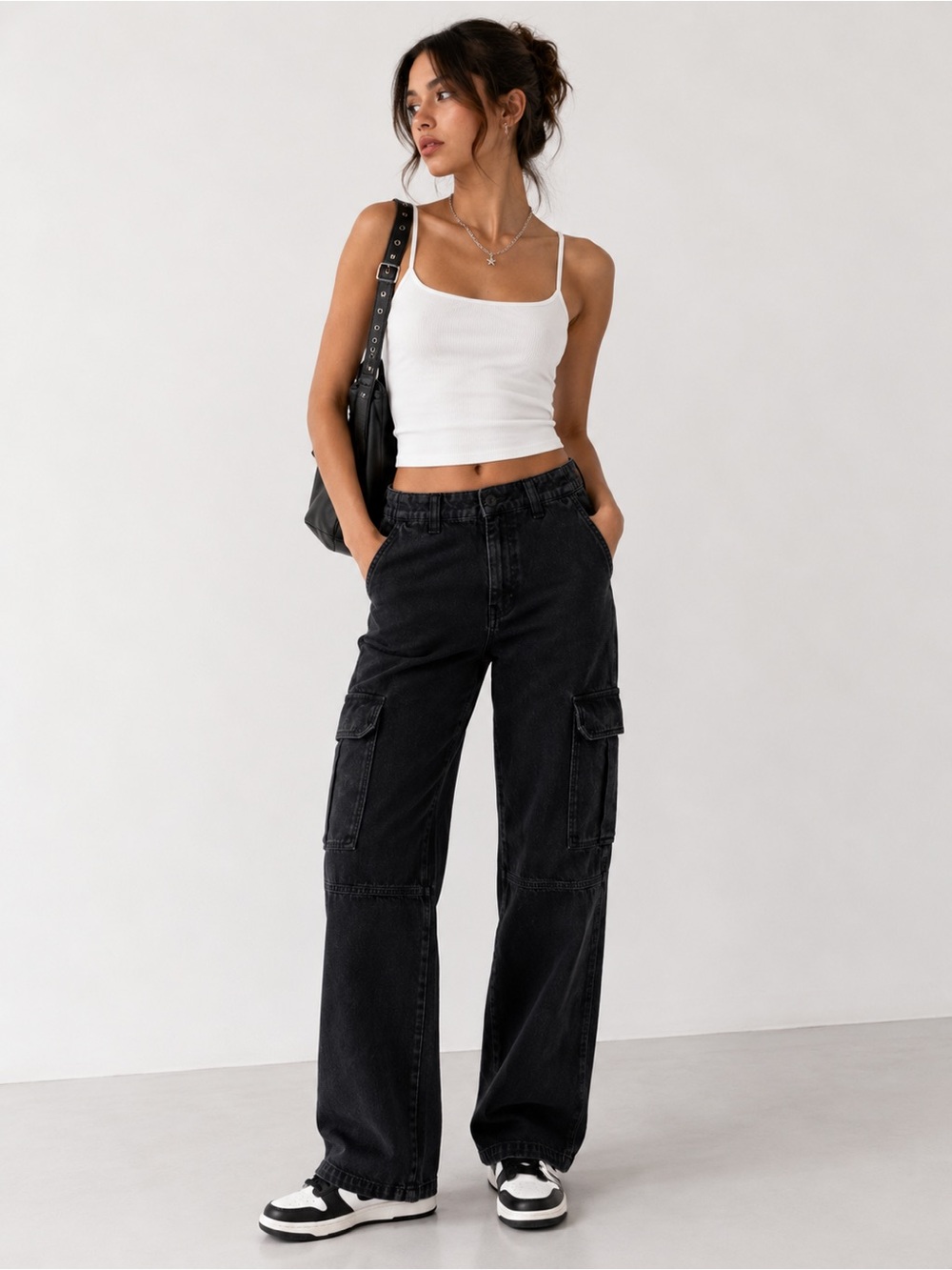PacSun Black Cargo Jeans Small Baggy Wide Leg Y2K Utility Streetwear